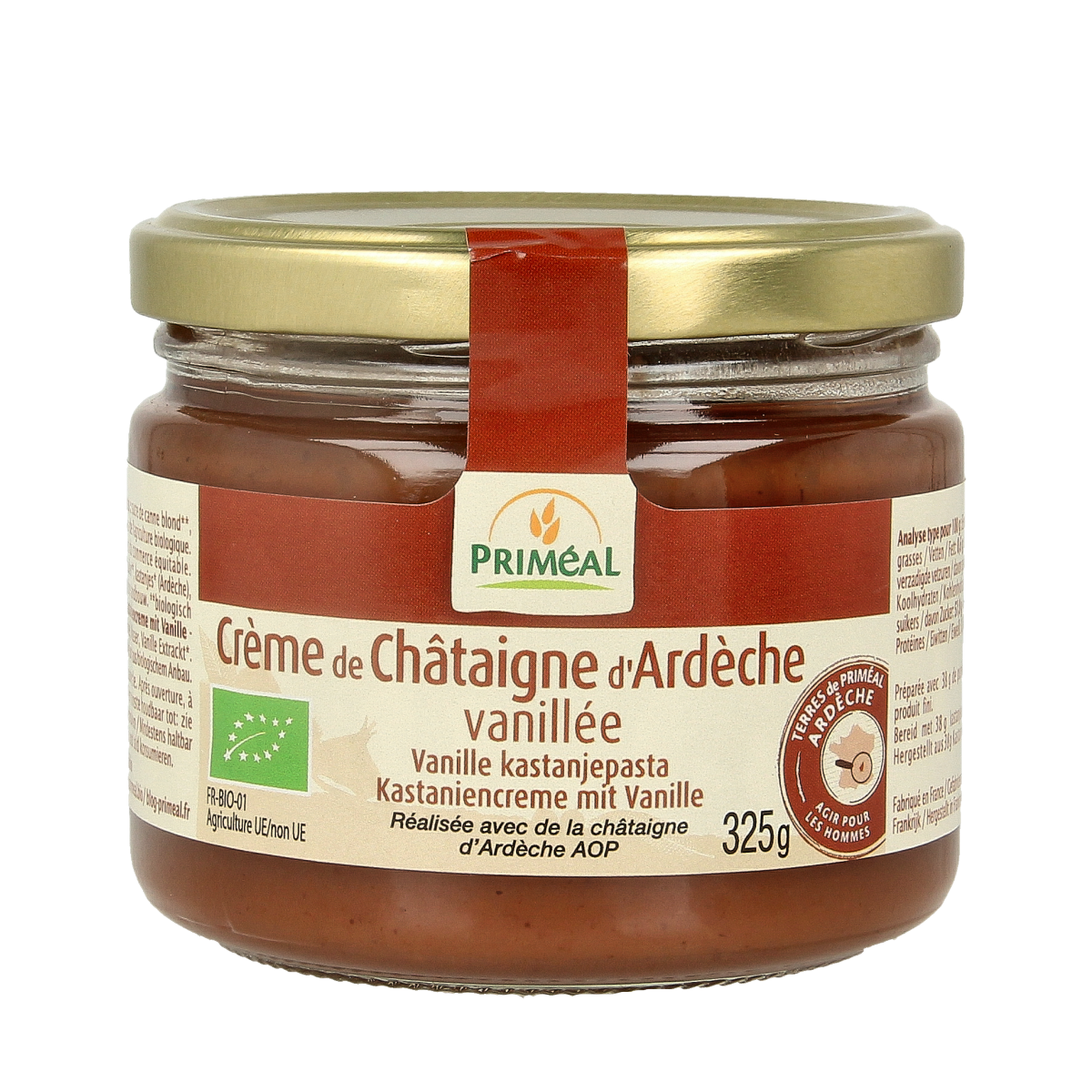 Primeal organic chestnut vanilla spread on bread, 325g jar, creamy and sweet with vanilla flavor, for breakfast or snacks.