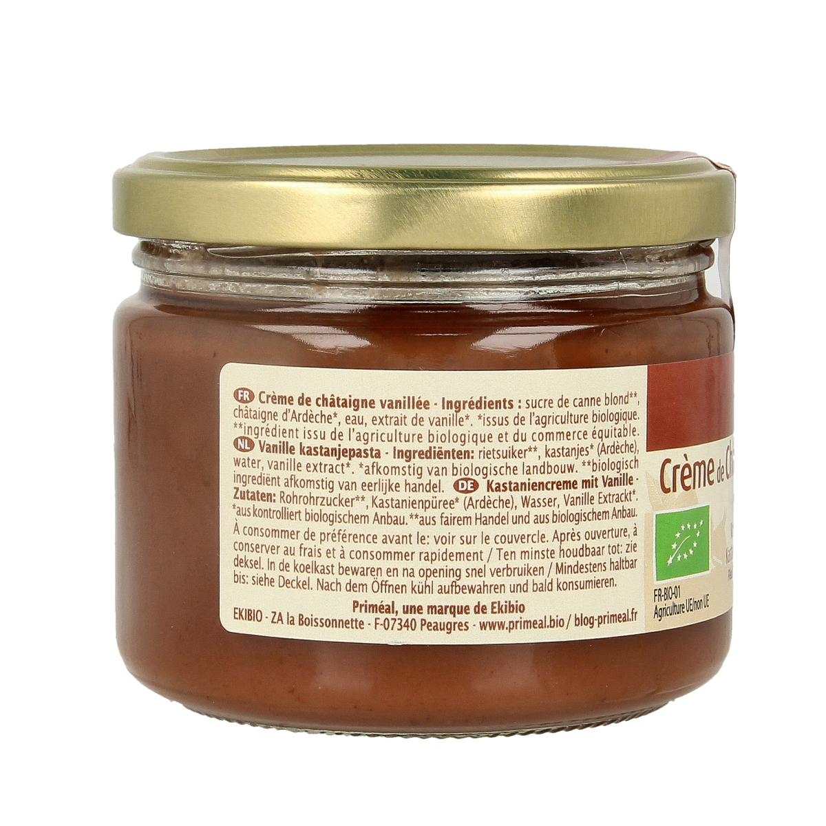 Primeal organic chestnut vanilla spread on bread, creamy and smooth, 325g jar for breakfast or snacks.