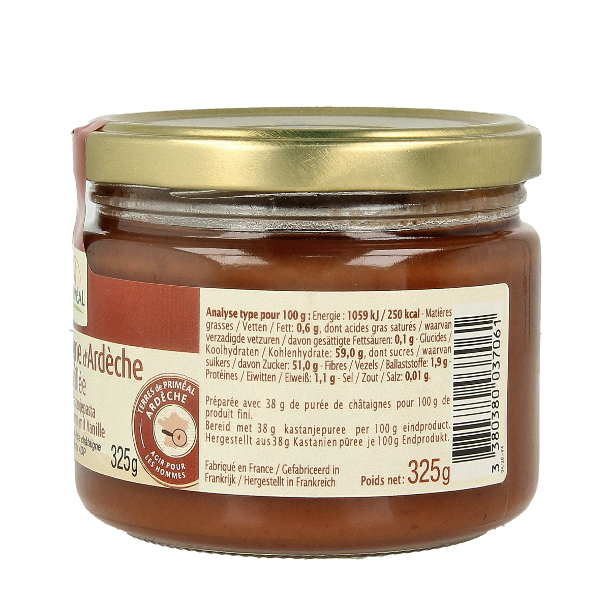 Primeal organic chestnut vanilla spread on bread, 325g jar, creamy and flavorful breakfast or snack spread.