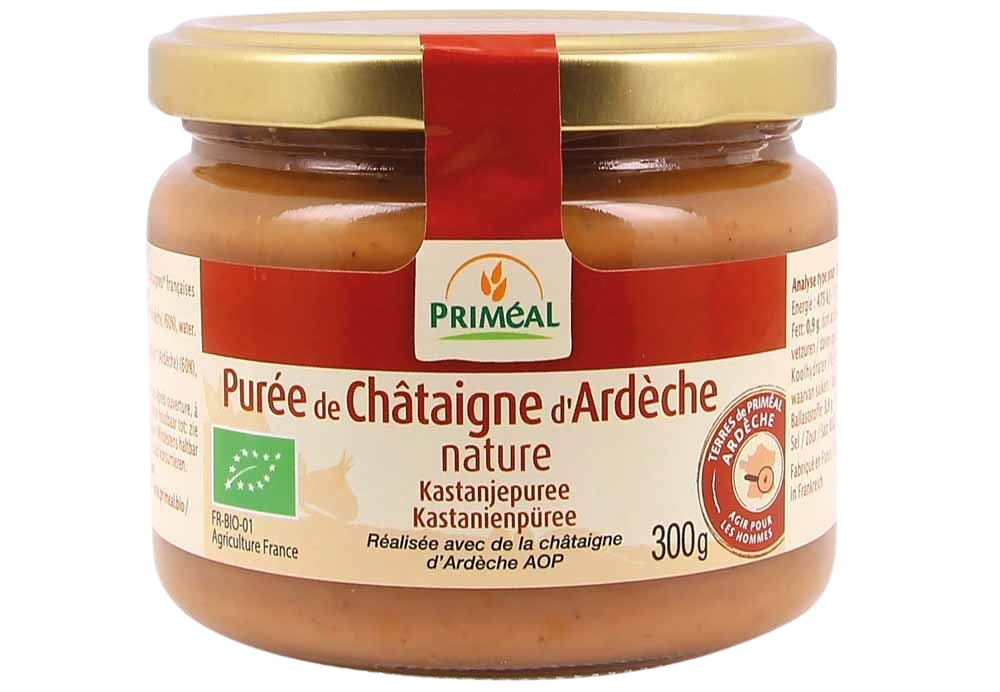 Primeal organic chestnut puree spread on bread, 300g jar, smooth, rich-textured broodbeleg with natural chestnut flavor.