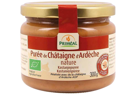 Primeal organic chestnut puree spread on bread, 300g jar, smooth, rich-textured broodbeleg with natural chestnut flavor.