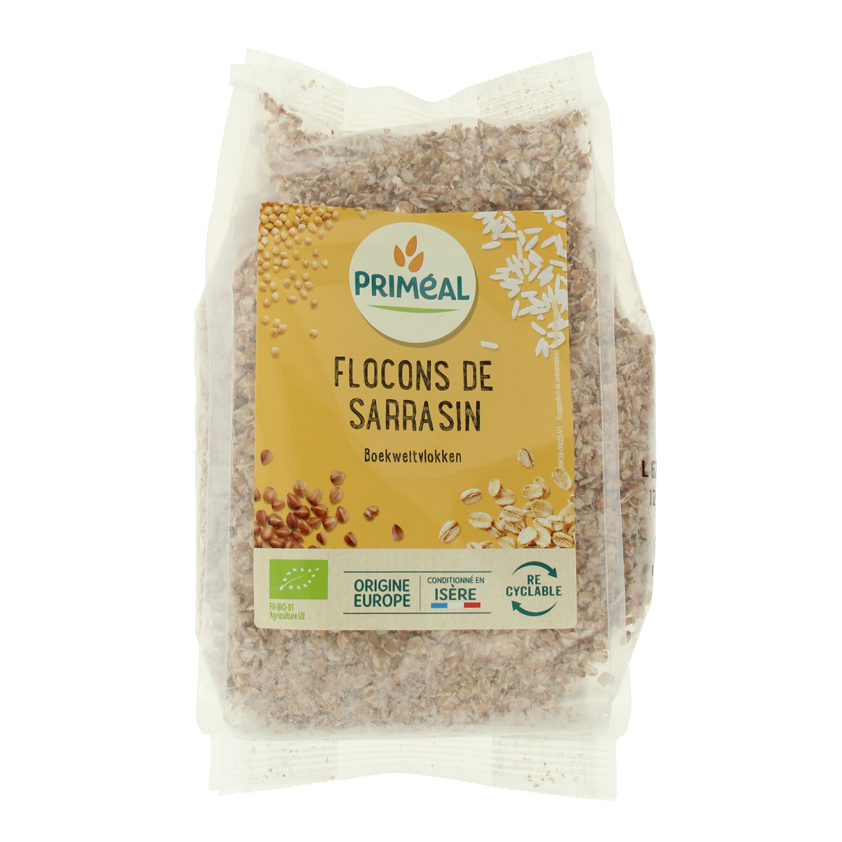 Primeal bio boekweitvlokken in 350g package, organic breakfast grains with toasted, light brown flakes on a white background.