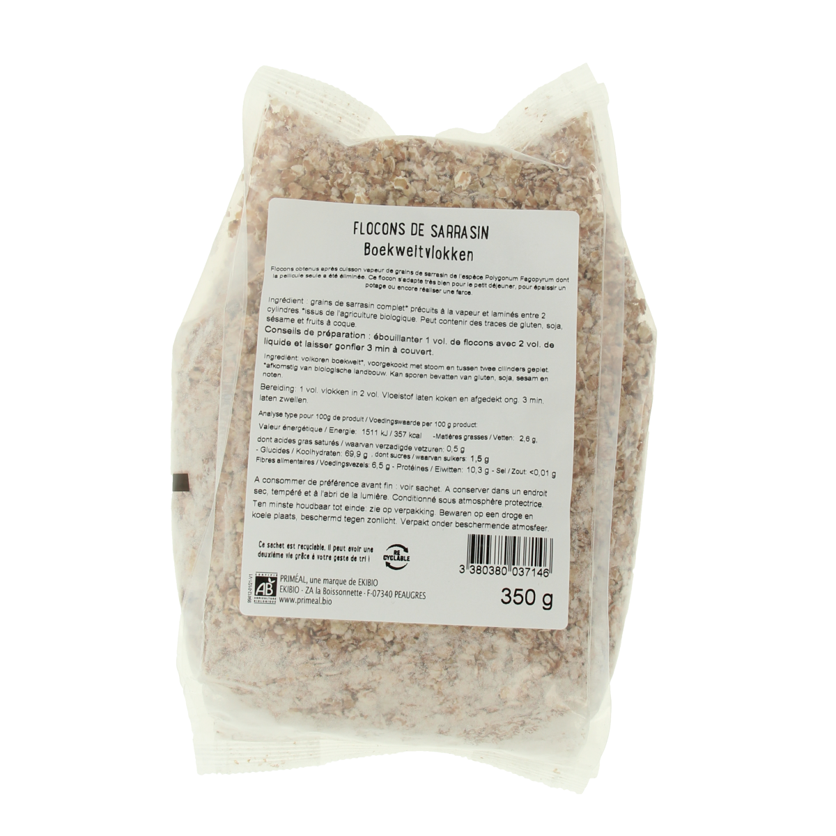 Organic Primeal buckwheat flakes in a 350g package, showing a close-up of the gluten-free breakfast grains.