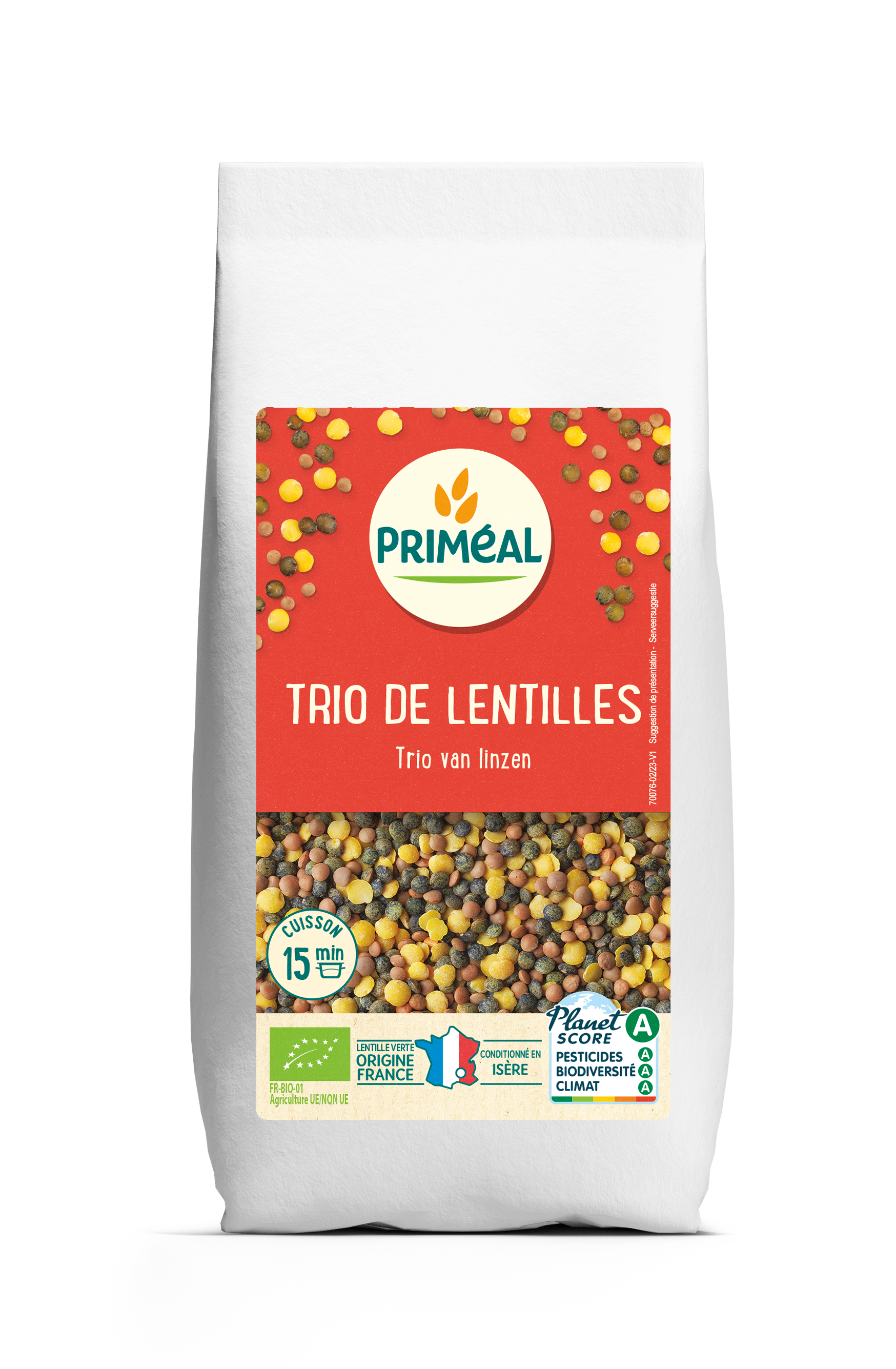 Primeal bio lentil trio in 500g package, featuring three types of organic lentils on a white background.