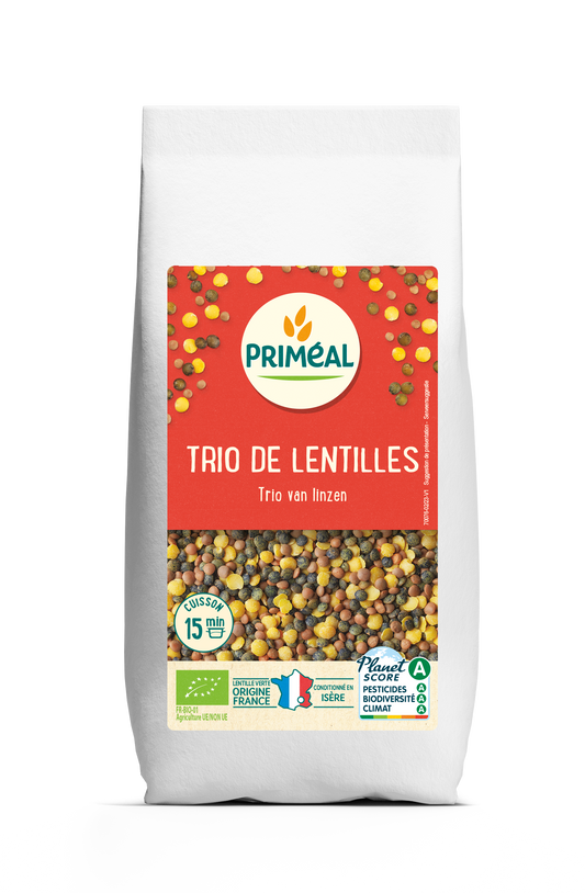 Primeal bio lentil trio in 500g package, featuring three types of organic lentils on a white background.