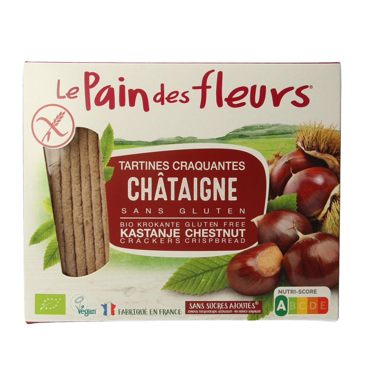 Pain Des Fleurs gluten-free, organic Krokante crackers with chestnut flavor, 150g, showing crispy texture and packaging.