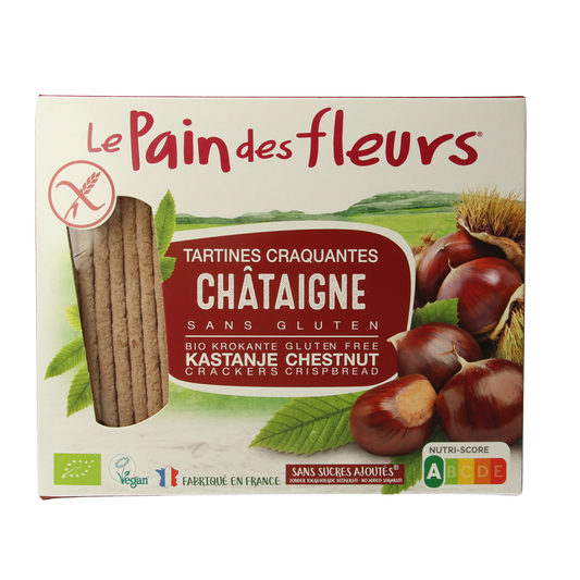 Pain Des Fleurs gluten-free, organic Krokante crackers with chestnut flavor, 150g, showing crispy texture and packaging.