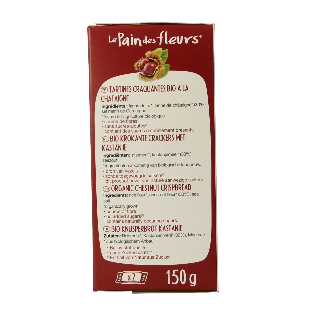 Pain Des Fleurs gluten-free kastanje crackers in a 150g package, crisp and crunchy with a natural, toasted appearance.