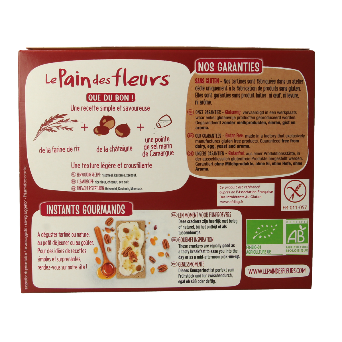 Pain Des Fleurs gluten-free crispy kastanje crackers in 150g package, showing golden-brown, crunchy texture and natural ingredients.