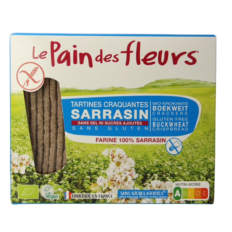 Pain Des Fleurs gluten-free buckwheat crackers with sea salt in a 150g package, crispy and organic, suitable for snacking.