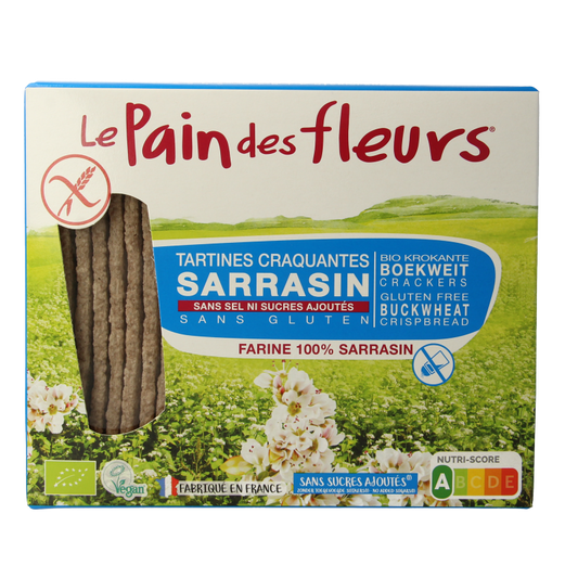 Pain Des Fleurs gluten-free buckwheat crackers with sea salt in a 150g package, crispy and organic, suitable for snacking.