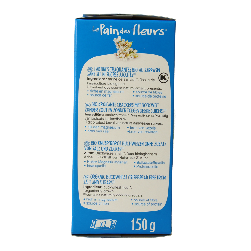 Pain Des Fleurs gluten-free, organic buckwheat crackers with salt, 150g, crispy and natural, in a clear package.