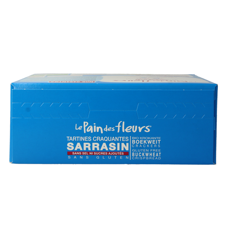 Pain Des Fleurs gluten-free, crunchy buckwheat crackers with sea salt, 150g, showcasing the crispy, golden-brown texture.