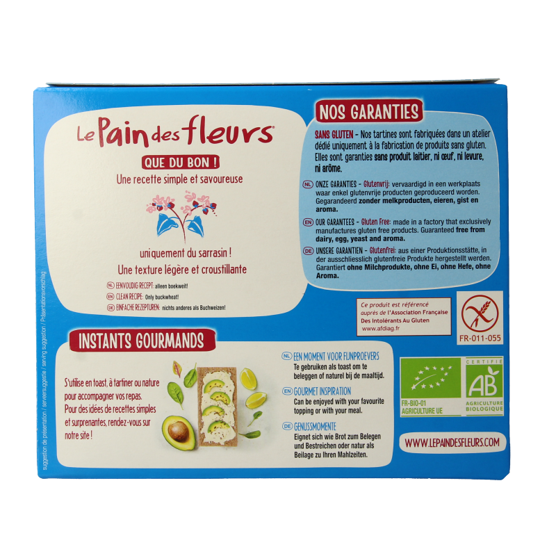 Pain Des Fleurs gluten-free, saltless buckwheat crackers in a 150g package, crispy, organic, and ideal for snacks or spreads.