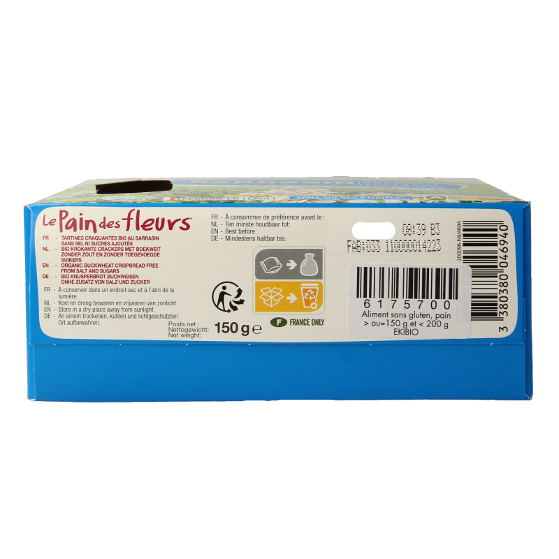 Pain Des Fleurs gluten-free, salted buckwheat crackers with a crispy texture, shown in a 150g package.