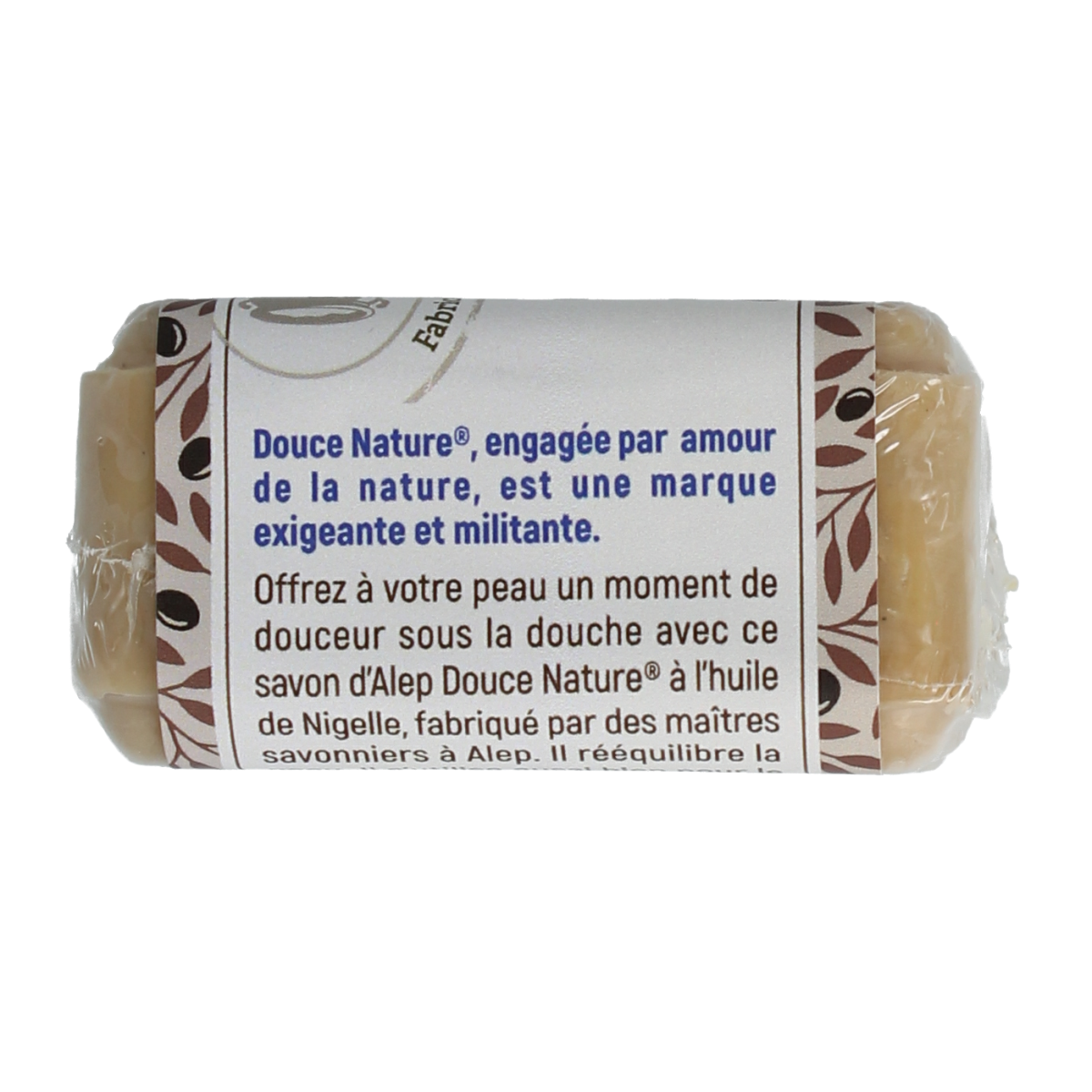 Douce Nature Aleppo Nigella small organic soap bar, 100g, with natural ingredients and traditional soap appearance.