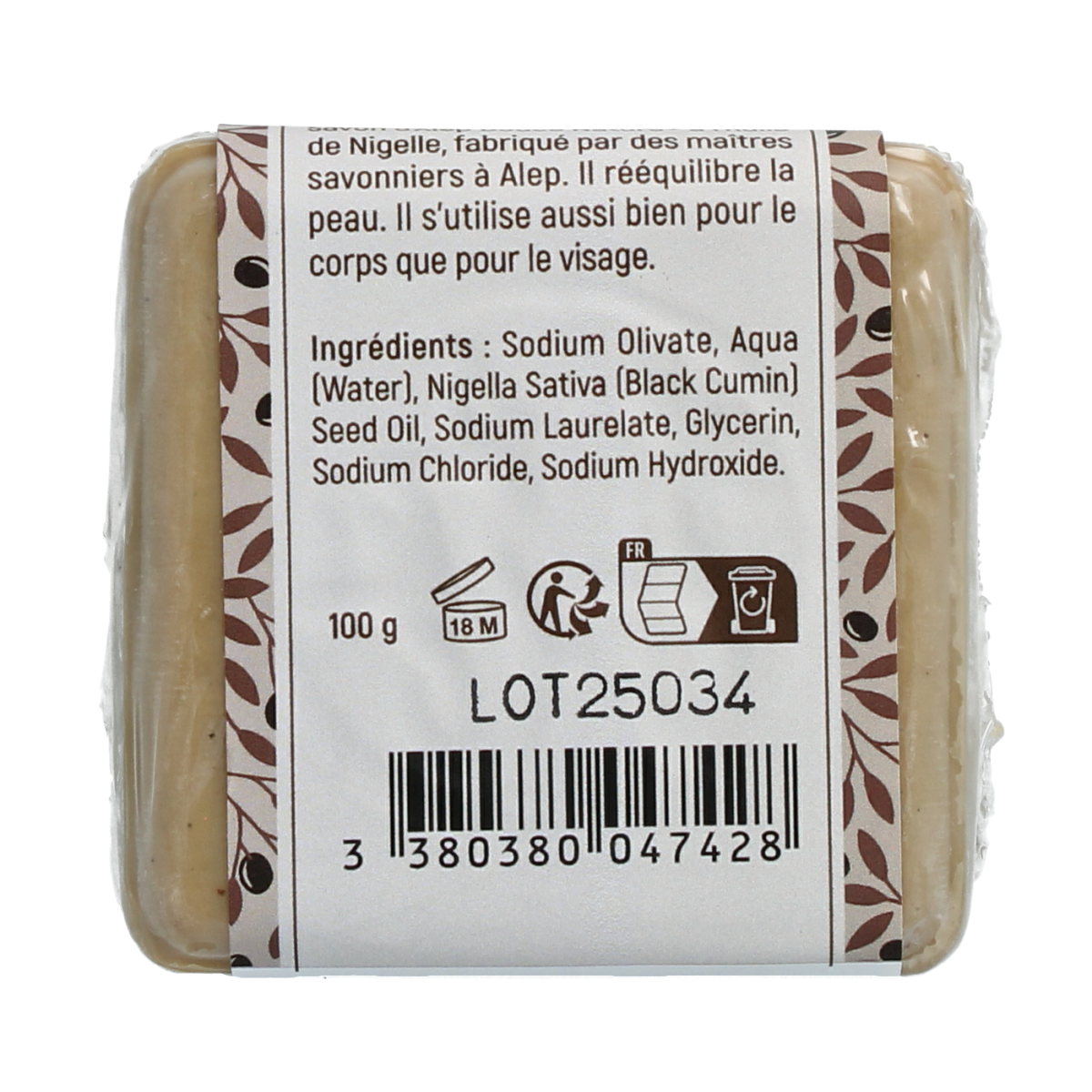 Douce Nature Zeep Aleppo nigella klein bio soap in 100g package, natural and organic with Nigella seeds visible.