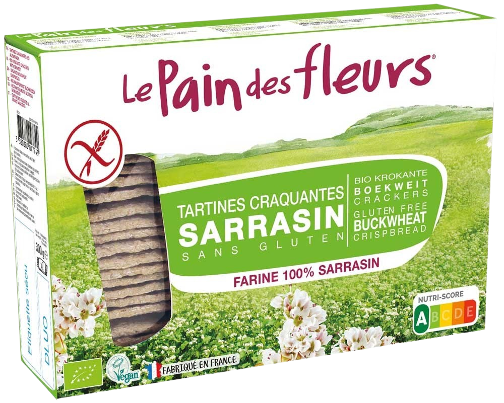 Pain Des Fleurs gluten-free buckwheat crackers in a 300g package, crispy, golden, and ideal for snacking or pairing.