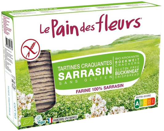 Pain Des Fleurs gluten-free buckwheat crackers in a 300g package, crispy, golden, and ideal for snacking or pairing.