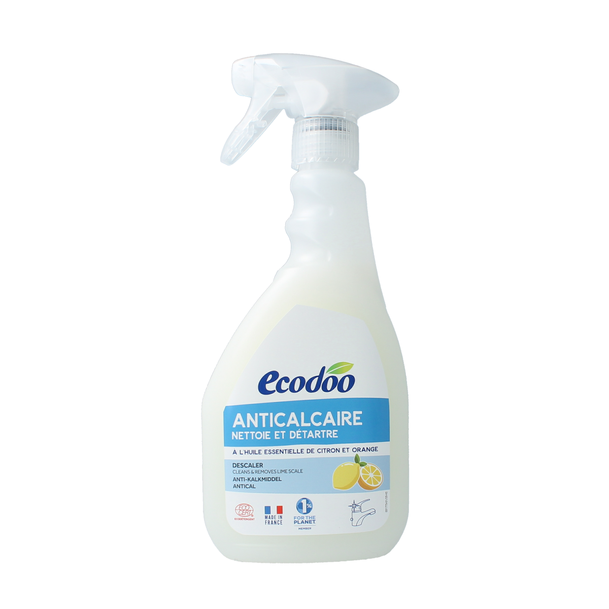 Ecodoo Anti-Kalk Bio cleaning spray bottle with 500ml capacity, eco-friendly bathroom and kitchen lime scale remover.