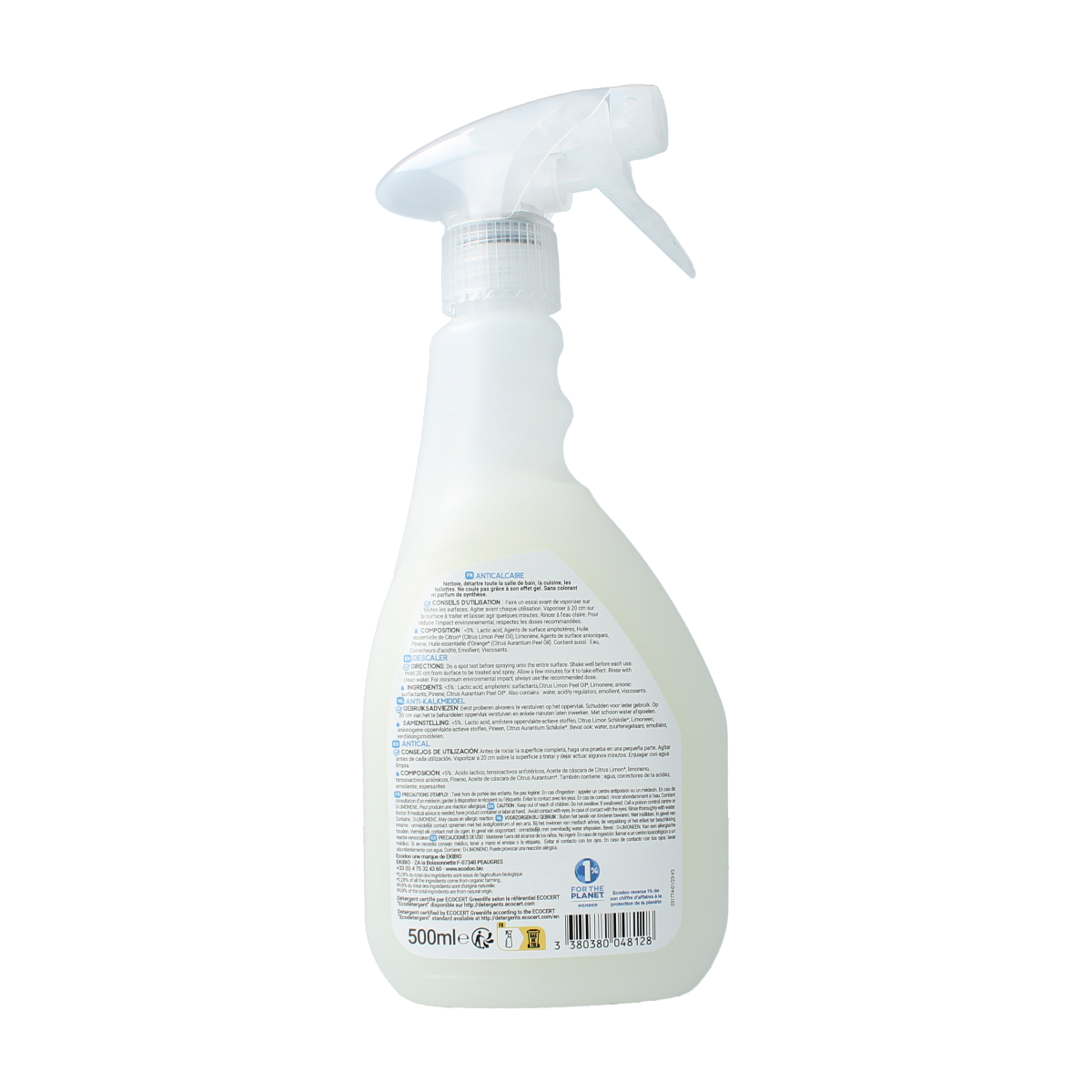 Ecodoo Anti Kalk bio cleaning spray bottle with 500ml capacity, eco-friendly product for limescale removal and household cleaning.