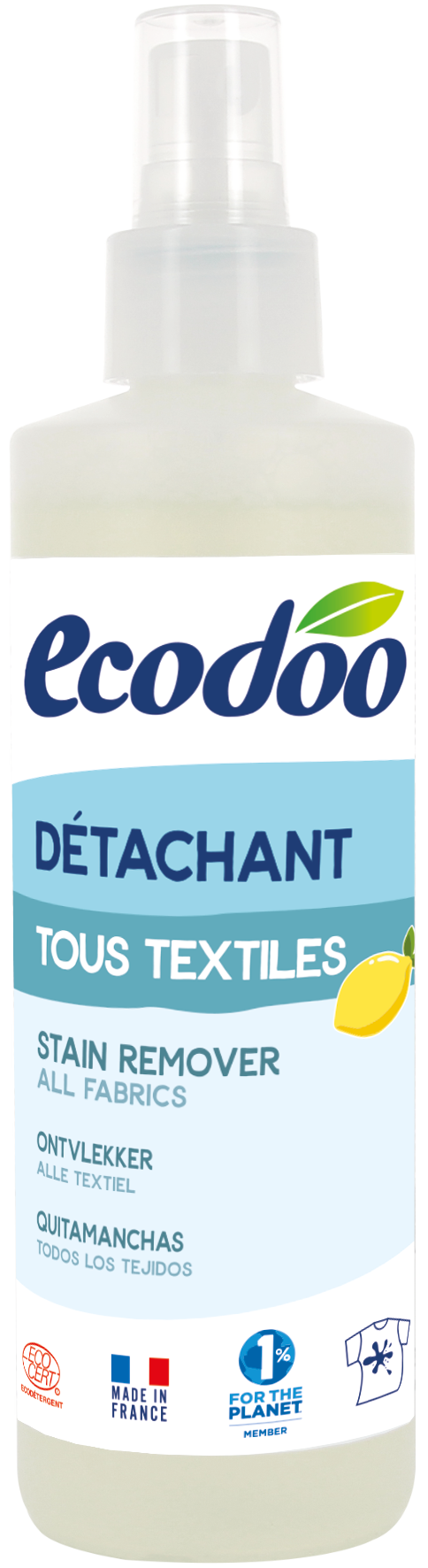 Ecodoo Vlekverwijderaar textiel eco 250ml bottle with label, eco-friendly stain remover for fabrics.