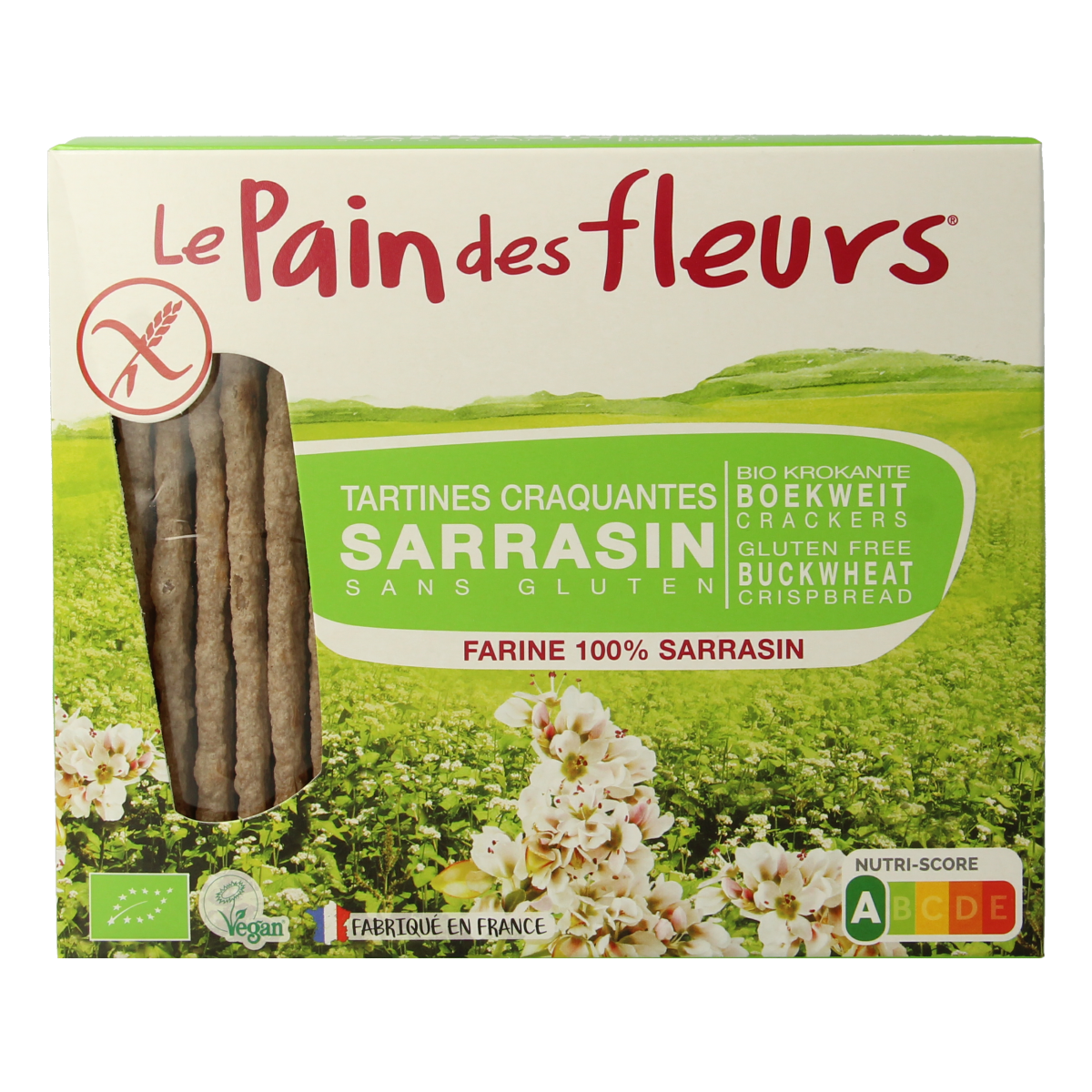 Pain Des Fleurs gluten-free buckwheat crackers in a 150g package, crispy, organic, and made with natural ingredients.