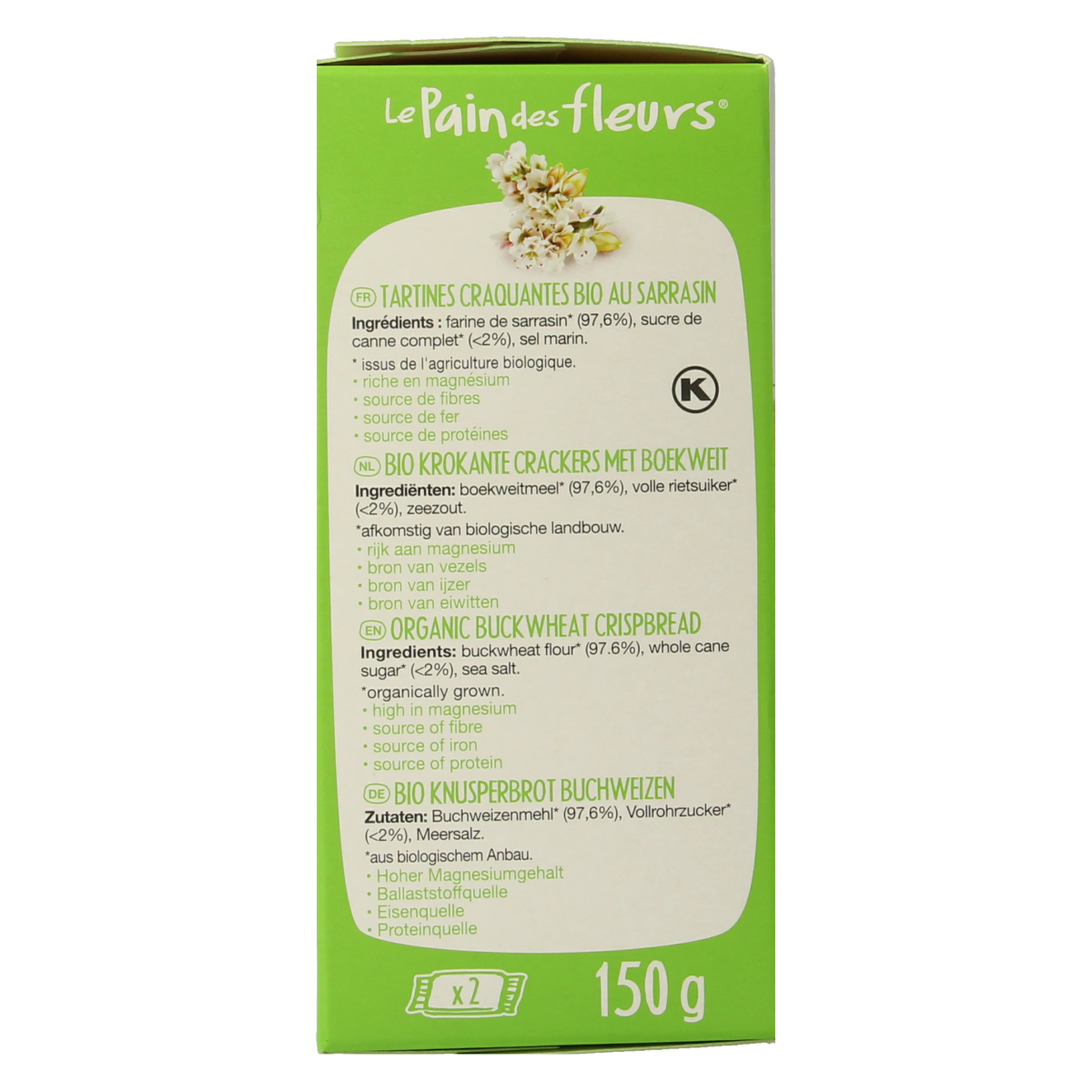 Pain Des Fleurs gluten-free buckwheat crispy crackers in a 150g package on a white background.