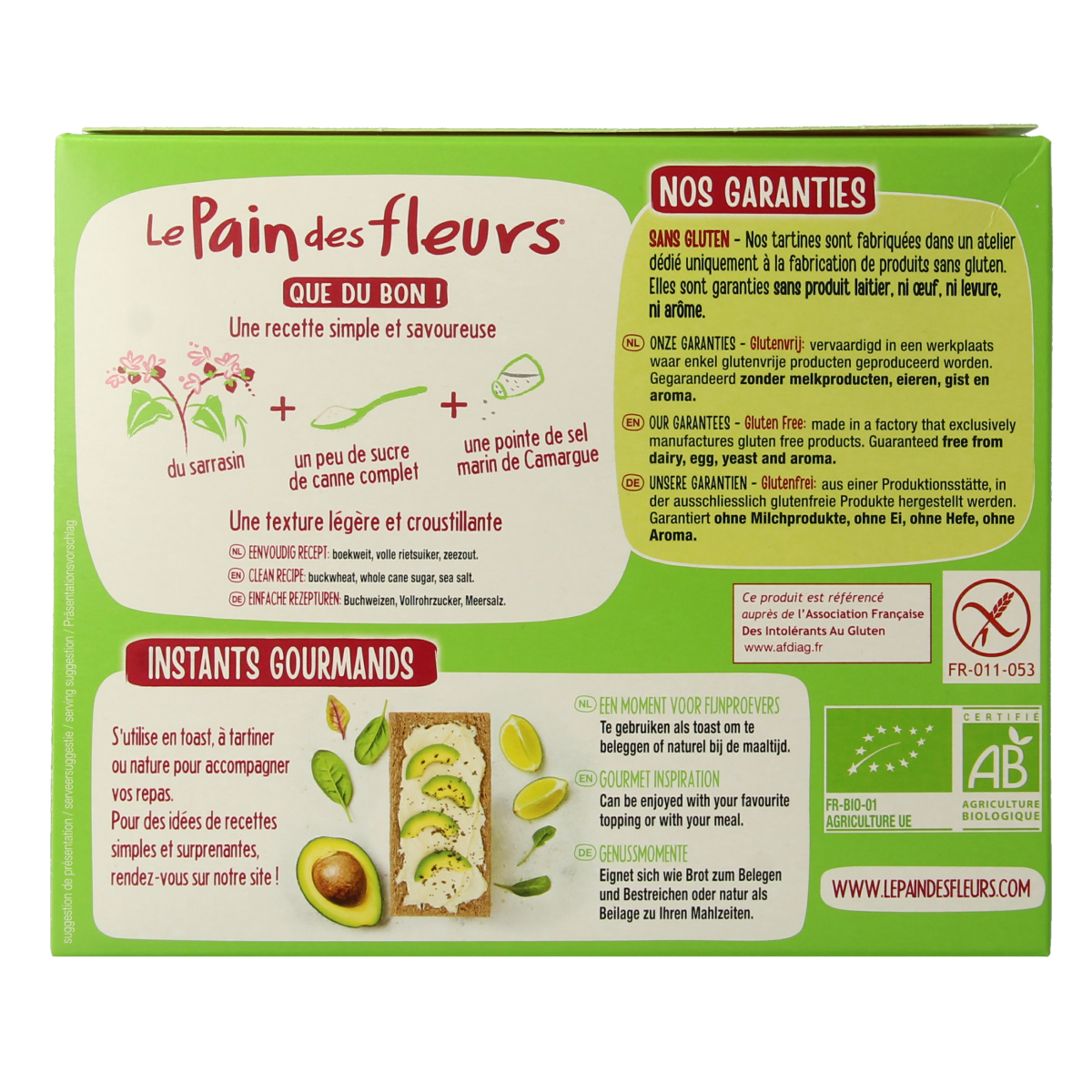 Pain Des Fleurs gluten-free buckwheat crackers in a 150g package, crispy and organic, ideal for snacking or serving with toppings.