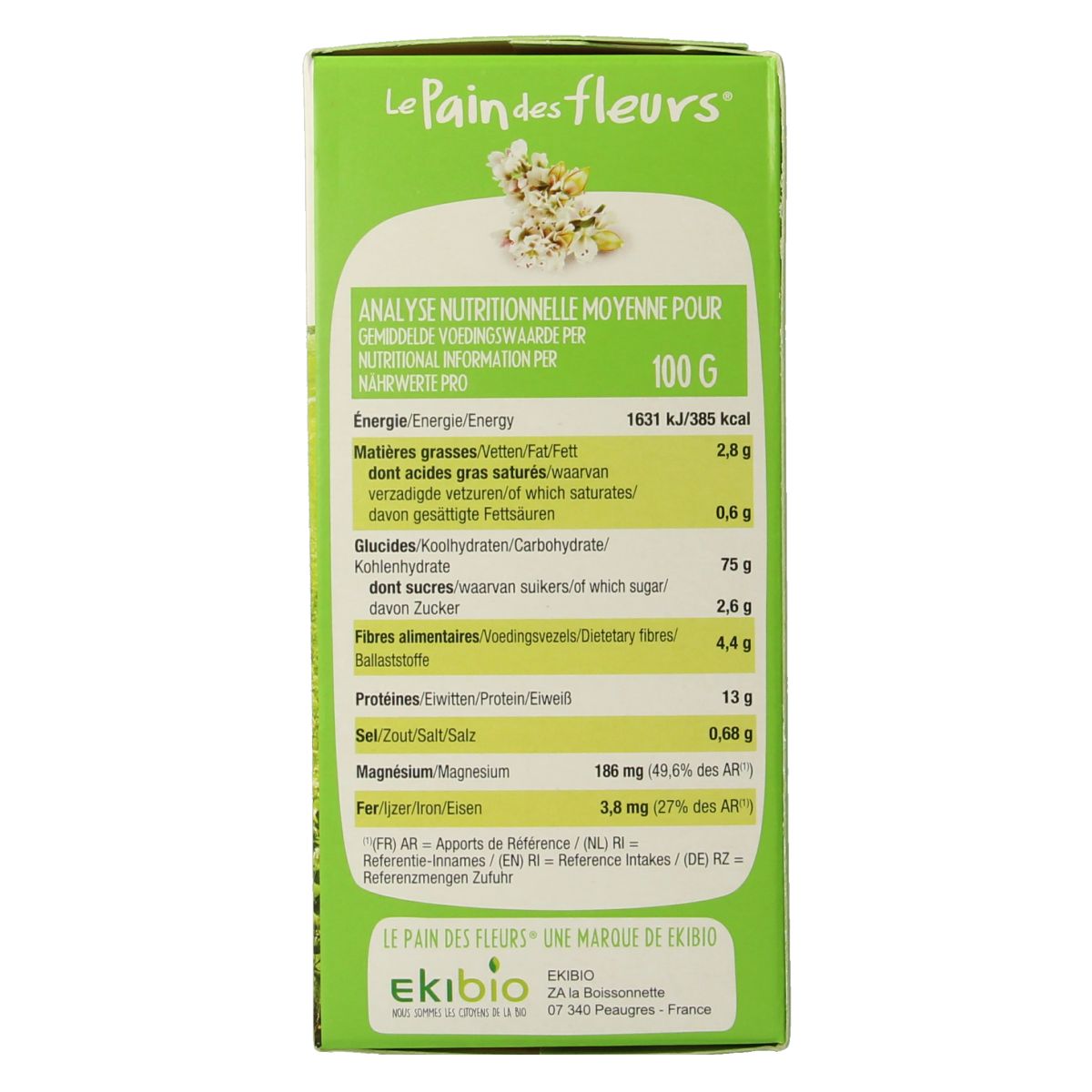 Pain Des Fleurs gluten-free buckwheat crackers in 150g package, crispy and golden, ideal for snacks or spreads.
