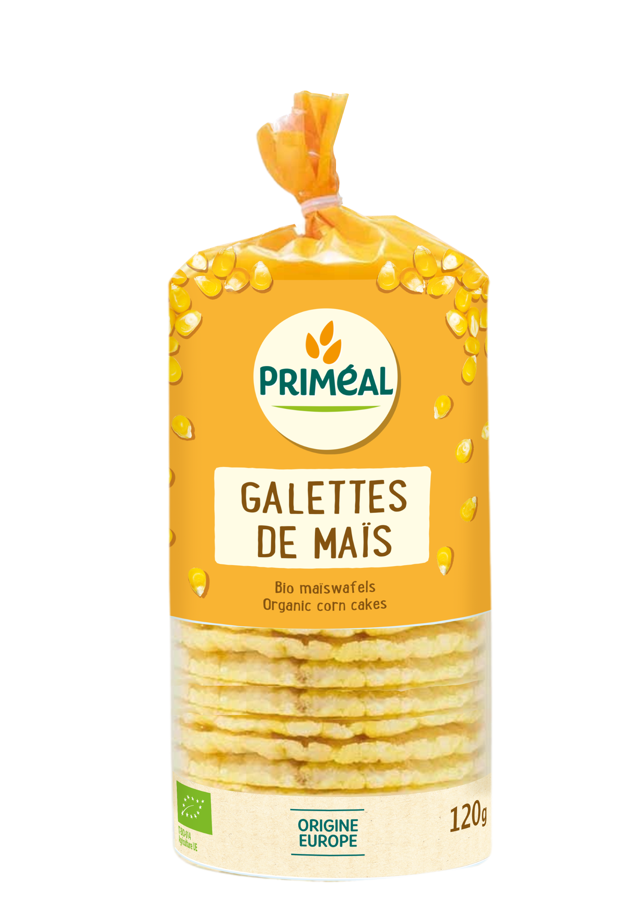 Primeal organic corn waffle cookies in a 120g package, showcasing golden-brown, crispy koeken with textured surface.