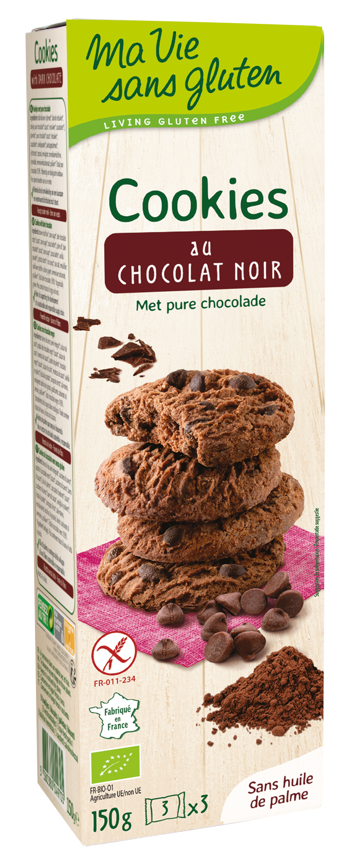 Ma Vie Sans glutenvrije chocolade koekjes in een 150g verpakking, met pure chocolade en biologische ingrediënten.