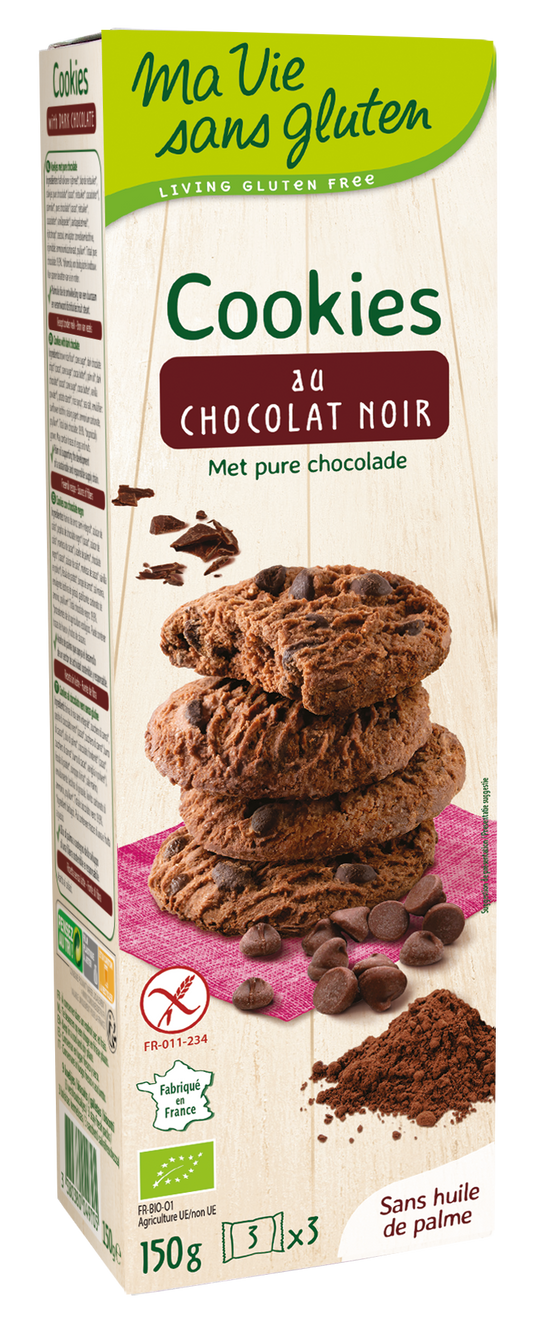 Ma Vie Sans glutenvrije chocolade koekjes in een 150g verpakking, met pure chocolade en biologische ingrediënten.