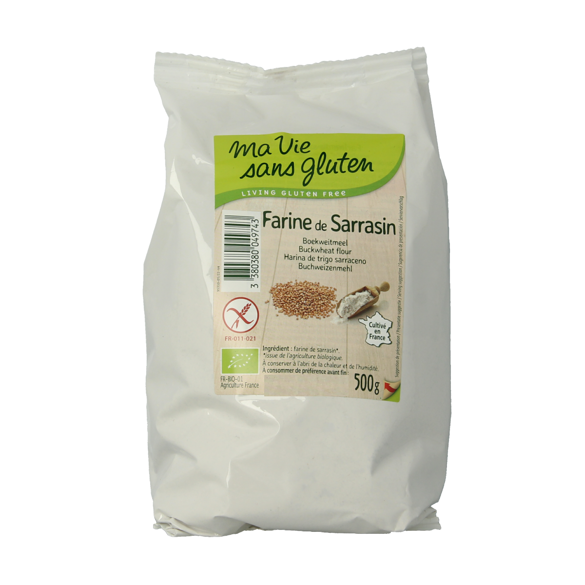 Ma Vie Sans glutenvrij boekweitmeel in 500g verpakking, biologisch en ideaal voor bakken en glutenvrije recepten.