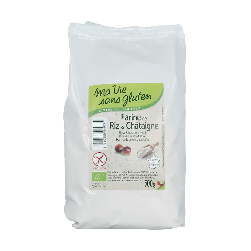 Gluten-free Ma Vie Sans rice and chestnut flour baking mix, organic, 500g, shown in a resealable bag.