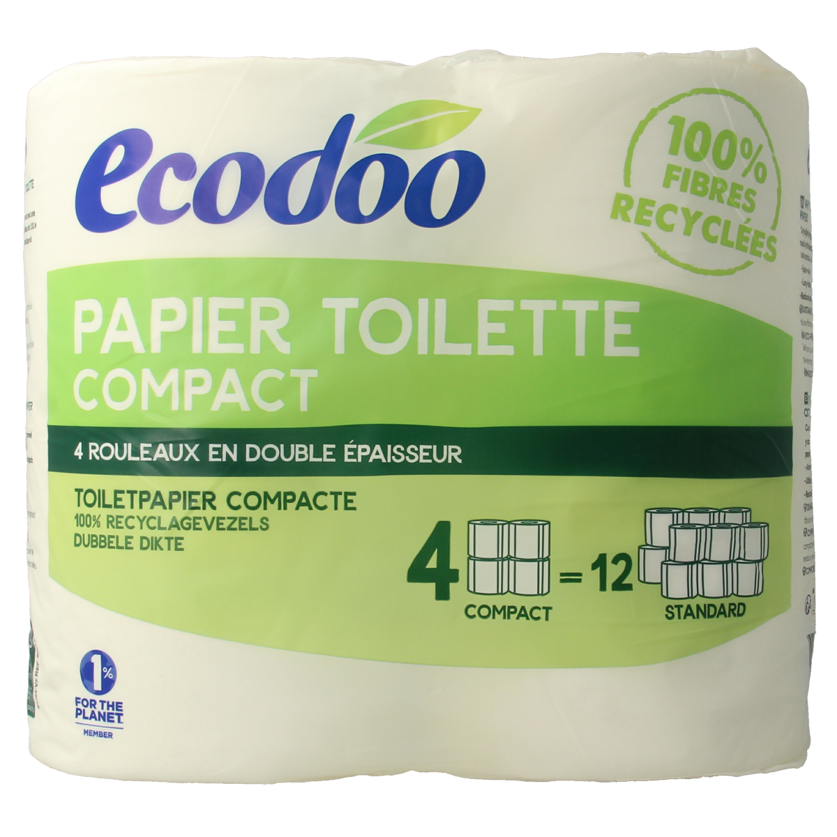 Ecodoo eco-friendly compact toilet paper pack with 4 rolls, biodegradable and environmentally sustainable bathroom tissue.
