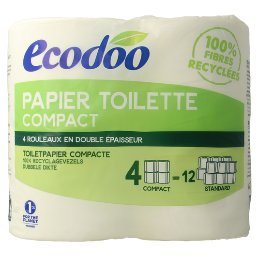 Ecodoo eco-friendly compact toilet paper pack with 4 rolls, biodegradable and environmentally sustainable bathroom tissue.