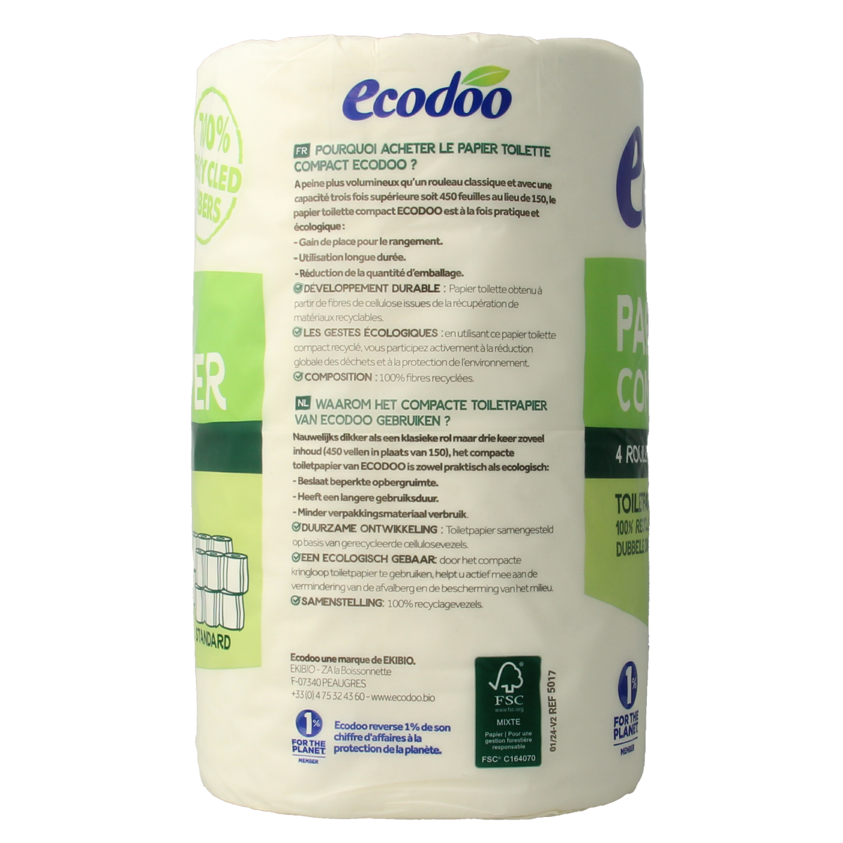 Ecodoo eco-friendly compact toilet paper pack with four rolls, biodegradable and soft, for sustainable bathroom use.