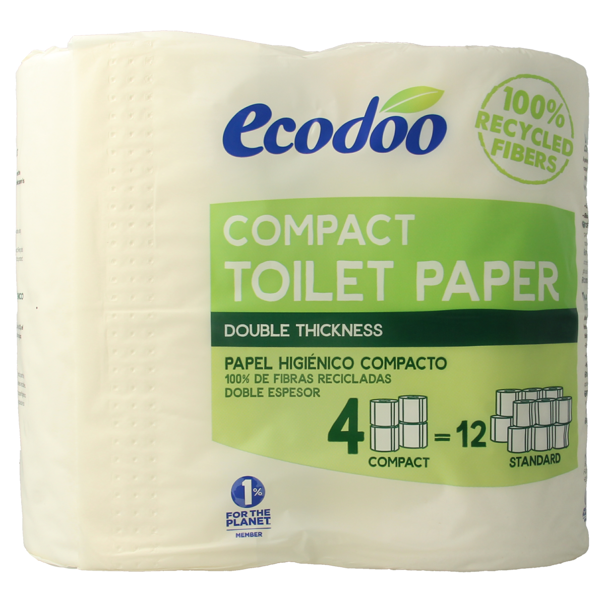 Ecodoo eco-friendly compact toilet paper pack with four rolls, biodegradable and soft tissue for sustainable bathroom use.