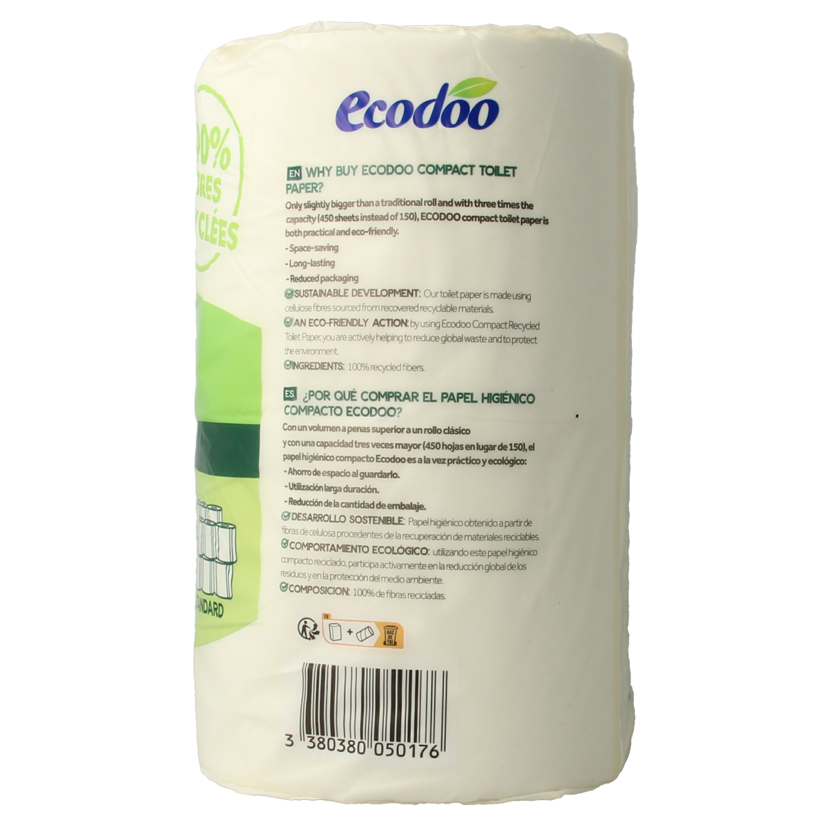 Ecodoo compact eco-friendly bio toilet paper pack with 4 rolls, soft and sustainable bathroom tissue.
