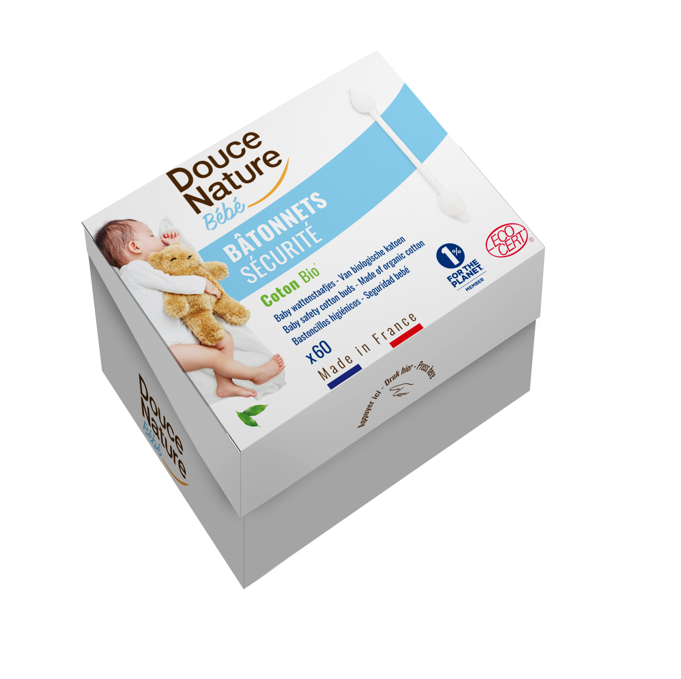 Douce Nature Baby wattenstaafjes bio, set of 60 soft cotton swabs for gentle baby and toddler skincare and cleaning.