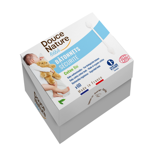 Douce Nature Baby wattenstaafjes bio, set of 60 soft cotton swabs for gentle baby and toddler skincare and cleaning.
