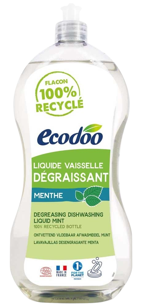 Ecodoo liquid dish soap with natural mint scent in a 1-liter bottle, eco-friendly and effective for dishwashing.