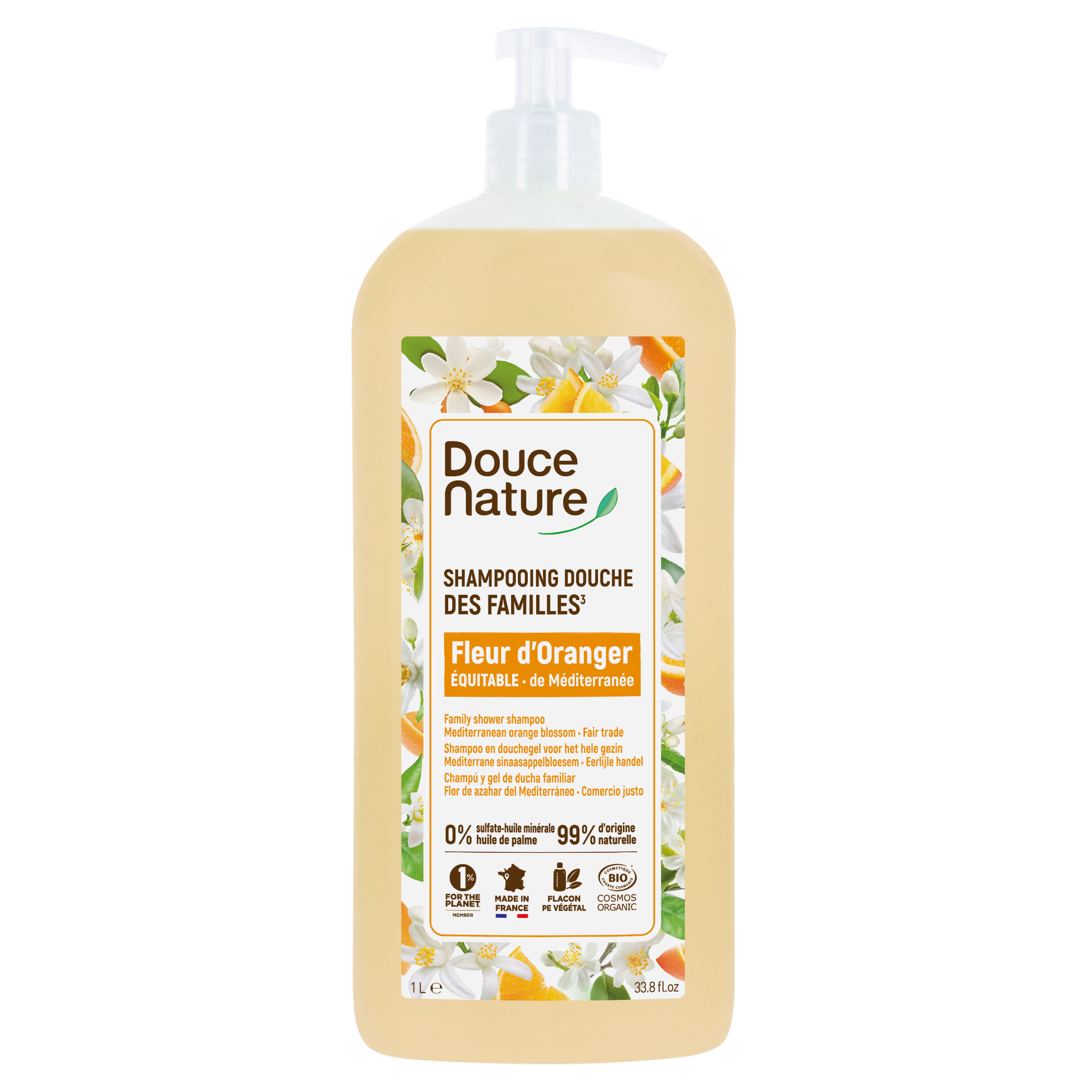 Douce Nature 1L orange blossom family shower gel and shampoo in a clear plastic bottle with orange and white label.