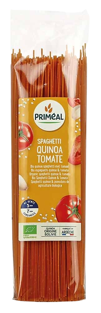 Primeal organic spaghetti made from wheat, quinoa, and tomato, 500g package, natural gluten-free pasta in a clear package.