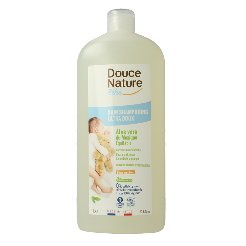 Douce Nature Baby organic bath foam and shampoo in a 1-liter bottle, gentle for babies and toddlers, natural baby care product.