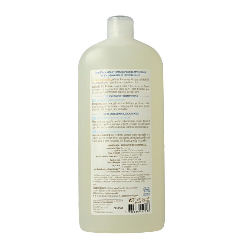 Douce Nature bio baby bath and shampoo in a 1-liter bottle, gentle skincare for babies and toddlers.