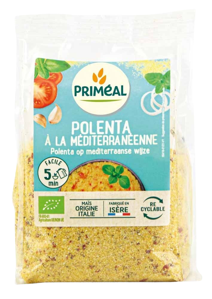 Primeal bio Mediterranean polenta in 250g package, natural grain for cooking and baking, from Primeal's organic mix selection.
