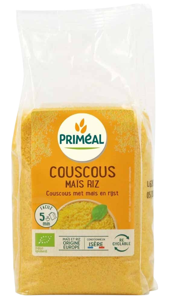 Primeal organic couscous and maize rice mix in a 500g package, showing the pasta and rice blend in a clear container.
