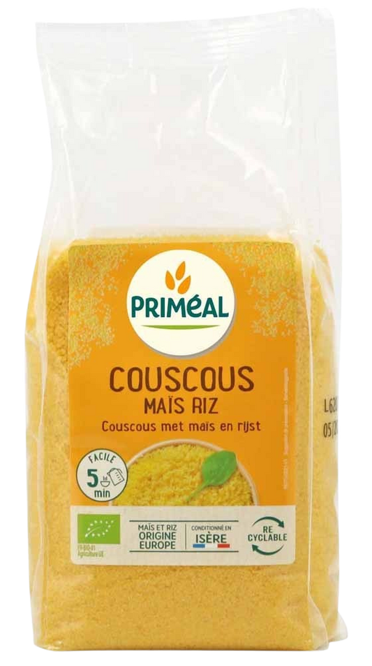 Primeal organic couscous and maize rice mix in a 500g package, showing the pasta and rice blend in a clear container.